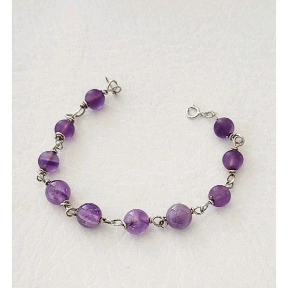 Sterling Silver Amethyst Beaded Chain Bracelet 7 Inches 7.79 Grams Handcrafted